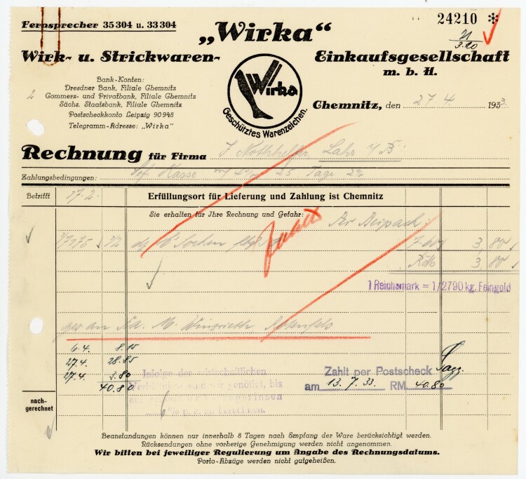 Wirka, Wirk- u. Strickwaren- Einkaufsgesellschaft m.b.H  - Rechnung - 27.04.1933