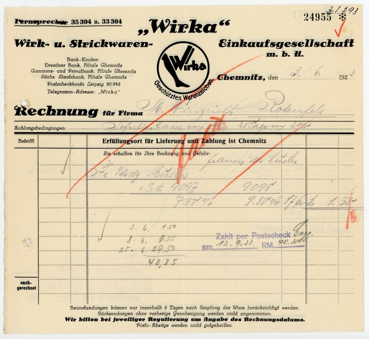 Wirka, Wirk- u. Strickwaren- Einkaufsgesellschaft m.b.H  - Rechnung  - 03.06.1933