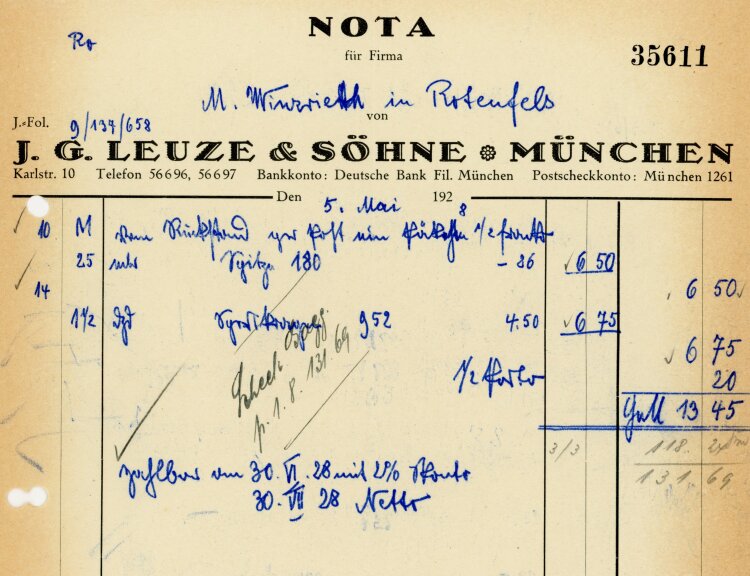 J. G. Leuze & Söhne München - Rechnung  - 05.05.1928