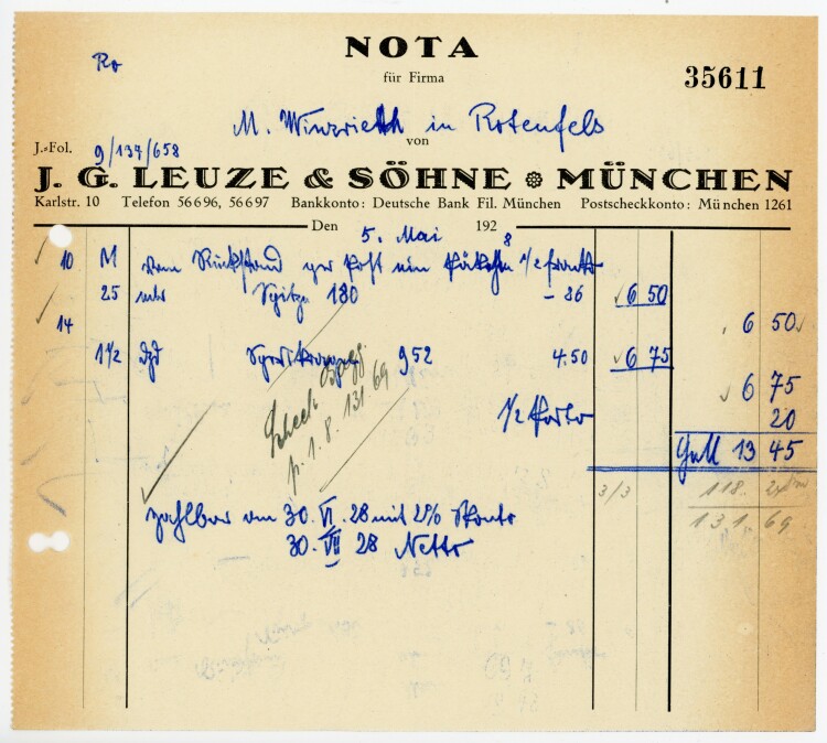 J. G. Leuze & Söhne München - Rechnung  - 05.05.1928