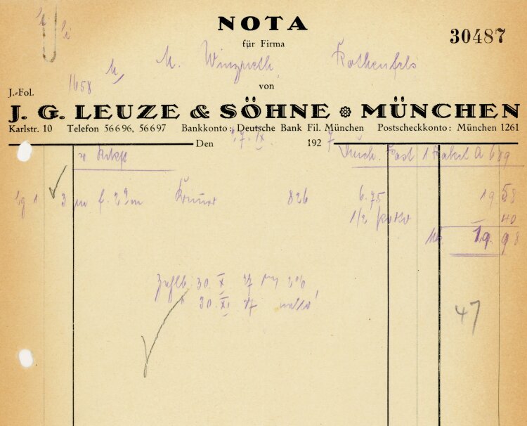 J. G. Leuze & Söhne München  - Rechnung  - 07.09.1927