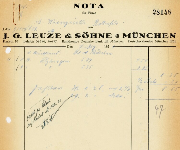 J. G. Leuze & Söhne München  - Rechnung  - 07.12.1927