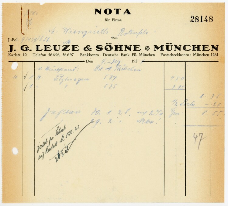 J. G. Leuze & Söhne München  - Rechnung  - 07.12.1927