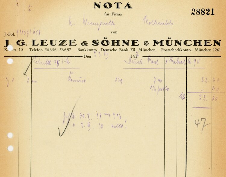 J. G. Leuze & Söhne München  - Rechnung  - 22.12.1927