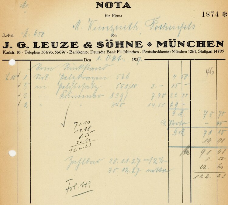 J. G. Leuze & Söhne München  - Rechnung  -...
