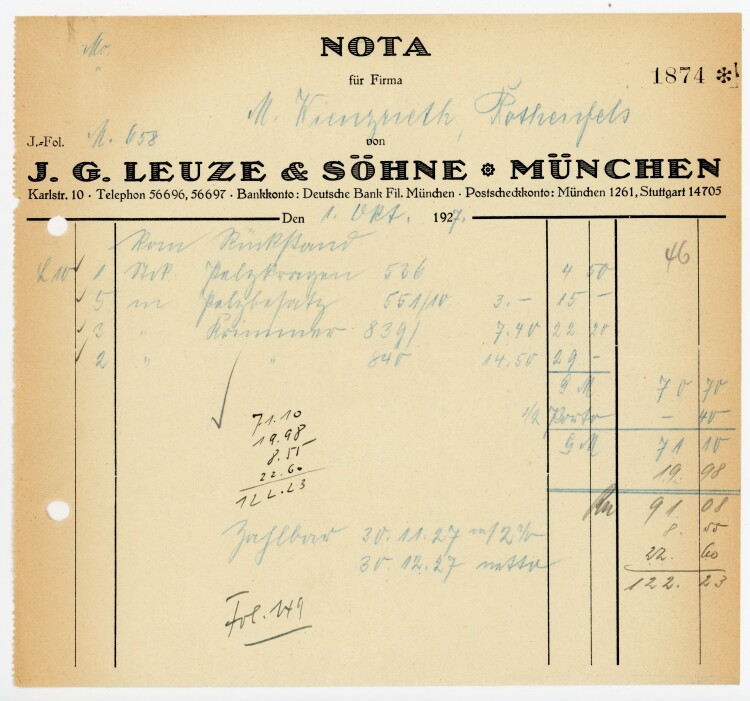 J. G. Leuze & Söhne München  - Rechnung  - 01.10.1927