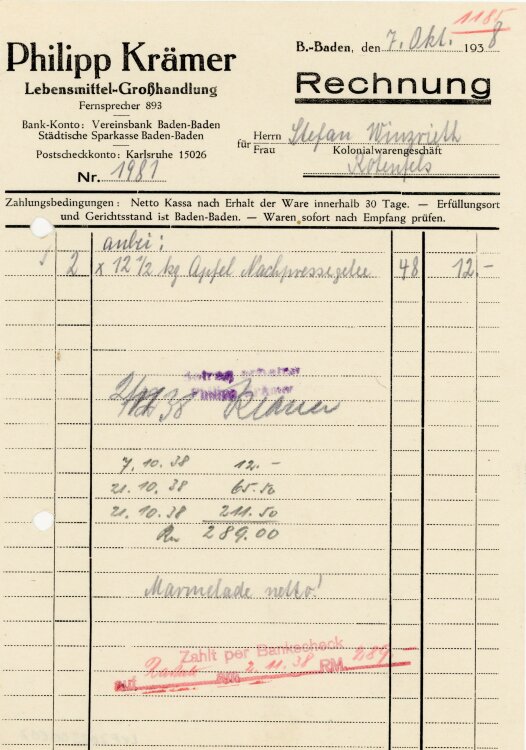 Philipp Krämer. Lebensmittel-Großhandlung  - Rechnung  - 07.10.1938