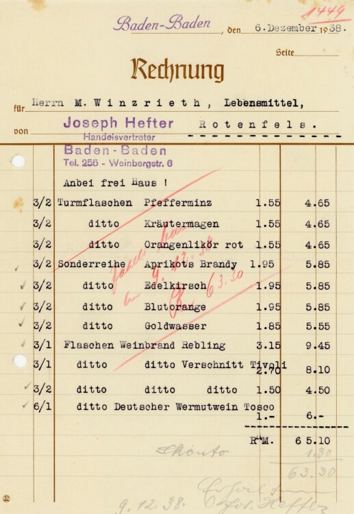 Joseph Hefter Handelsvertreter - Rechnung - 06.12.1938