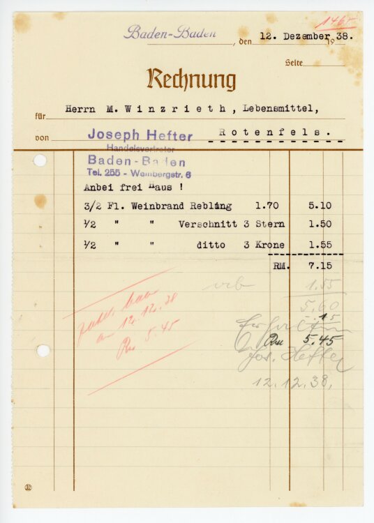 Joseph Hefter Handelsvertreter  - Rechnung  - 12.12.1938