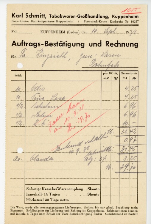 Karl Schmitt, Tabakwaren-Großhandlung, Kuppenheim  - Rechnung  - 10.09.1938