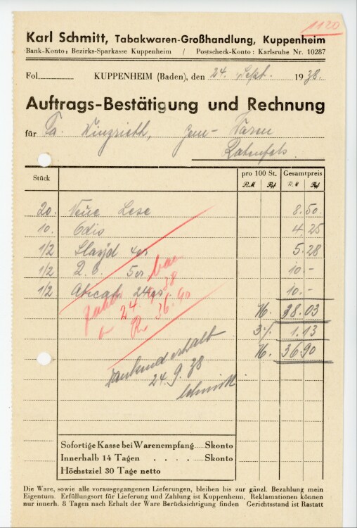 Karl Schmitt, Tabakwaren-Großhandlung, Kuppenheim  - Rechnung  - 24.09.1938