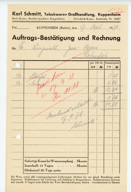 Karl Schmitt, Tabakwaren-Großhandlung, Kuppenheim  - Rechnung  - 17.09.1938