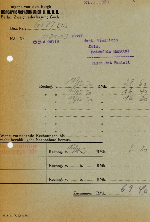 Jurgens-van-den-Bergh Magarine-Verkaufs-Union G.m.b.H. - Rechnung  - 21.01.1931