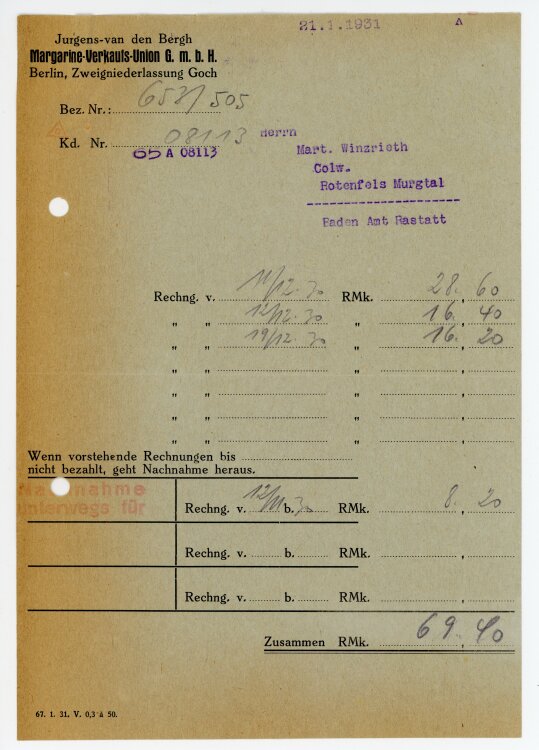 Jurgens-van-den-Bergh Magarine-Verkaufs-Union G.m.b.H. - Rechnung  - 21.01.1931