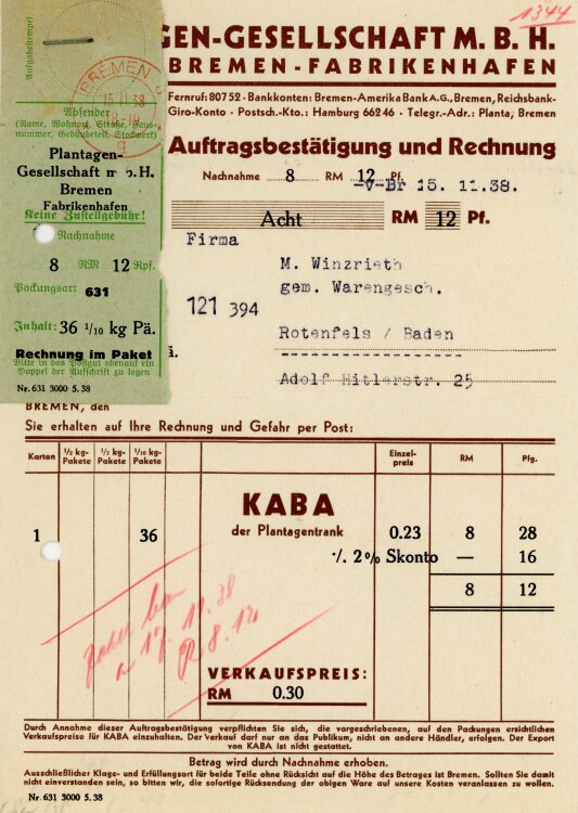 Plantagen-Gesellschaft m.b.H. Bremen-Fabrikhafen - Rechnung - 15.12.1938