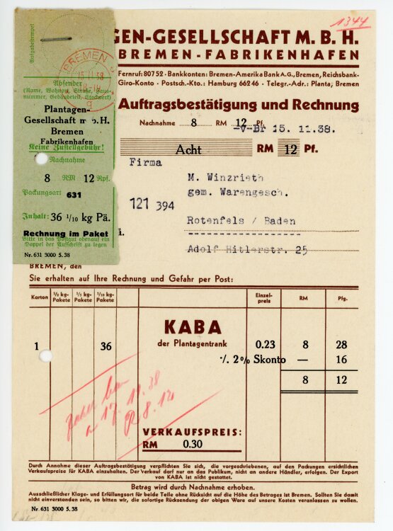 Plantagen-Gesellschaft m.b.H. Bremen-Fabrikhafen - Rechnung - 15.12.1938