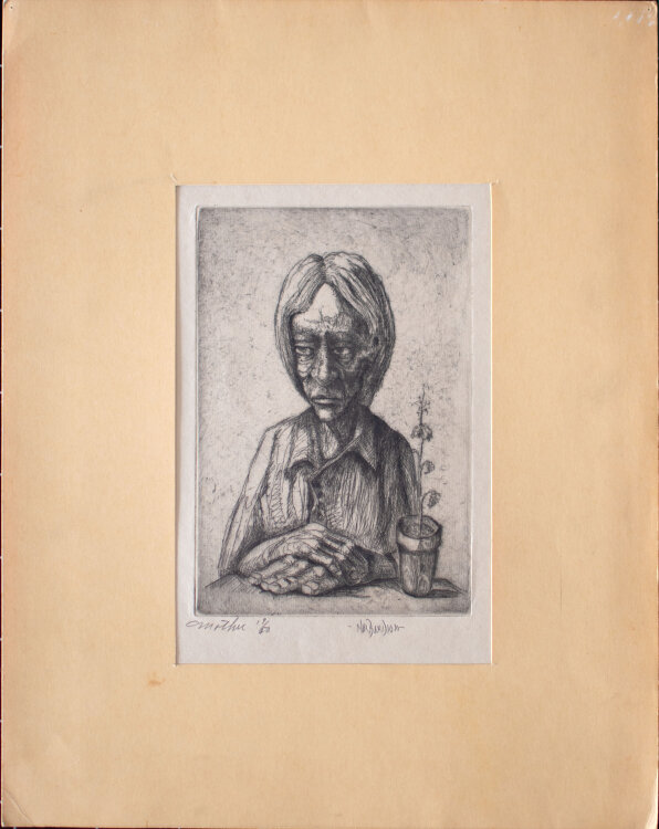 Karnig Nalbandian - Frauenbildniss mit Pflanze - um 1940 - Radierung