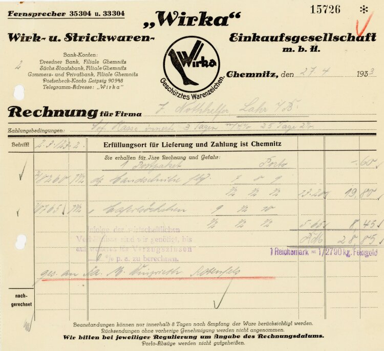 Wirka, Wirk- u. Strickwaren- Einkaufsgesellschaft m.b.H  - Rechnung  - 27.04.1933