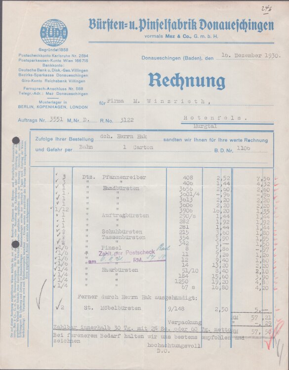 Bürsten u Pinselfabrik - Rechnung - 16.12.1930