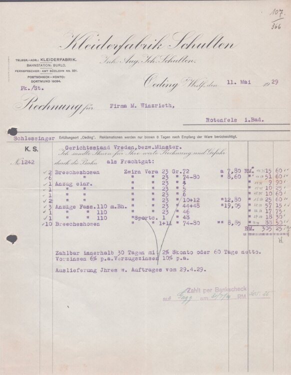 Kleidungfabrik Schulten - Rechnung - 11.05.1929