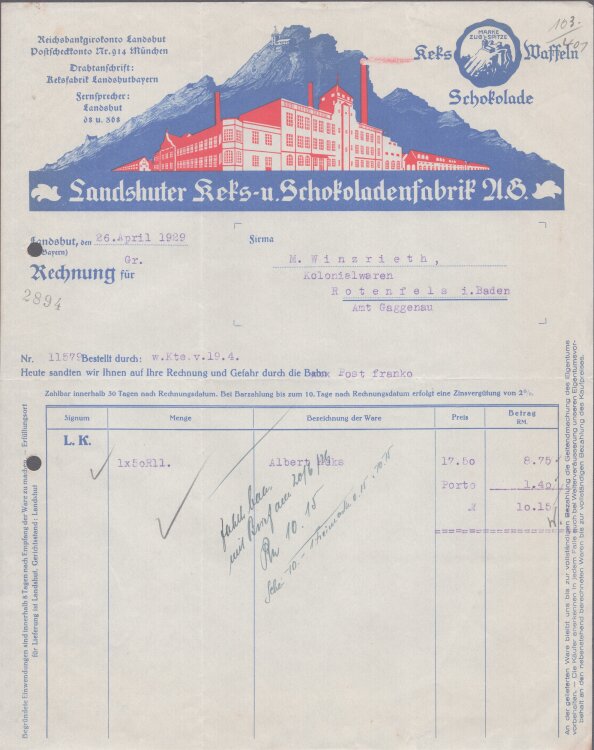 Landshuter Keks u Schokoladenfabrik - Rechnung - 26.04.1929