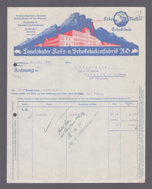 Landshuter Keks u Schokoladenfabrik - Rechnung - 26.04.1929