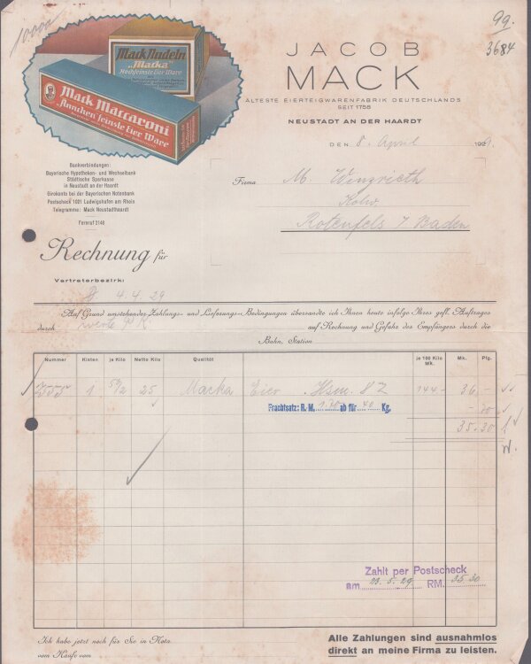 Jacob Mack - Rechnung - 08.04.1929