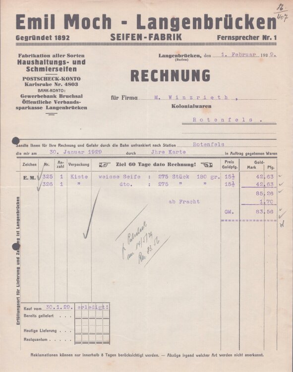 Emil Moch Seifen Fabrik - Rechnung - 30.01.1929