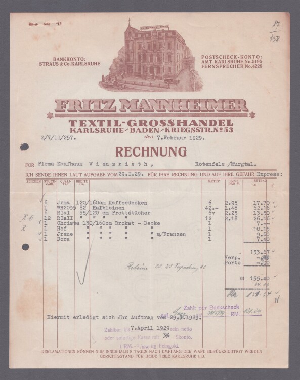 Fritz Mannheimer Textil Großhadel - Rechnung - 29.01.1929