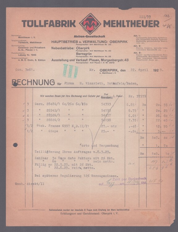 Tüllfabrik Mehltheuer AG - Rechnung - 22.04.1929