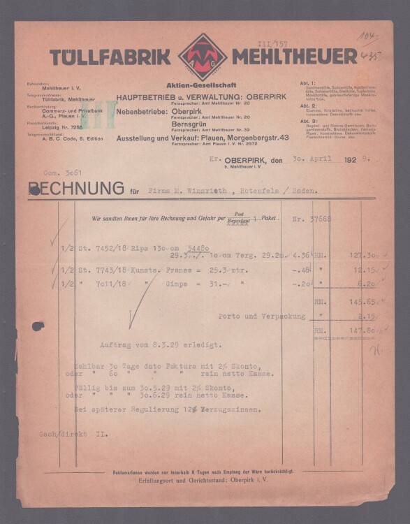 Tüllfabrik Mehltheuer AG - Rechnung - 30.04.1929