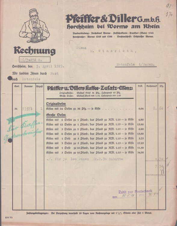 Pfeiffer u Diller GmbH Kaffee - Rechnung - 05.04.1929