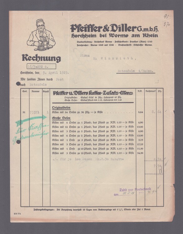 Pfeiffer u Diller GmbH Kaffee - Rechnung - 05.04.1929