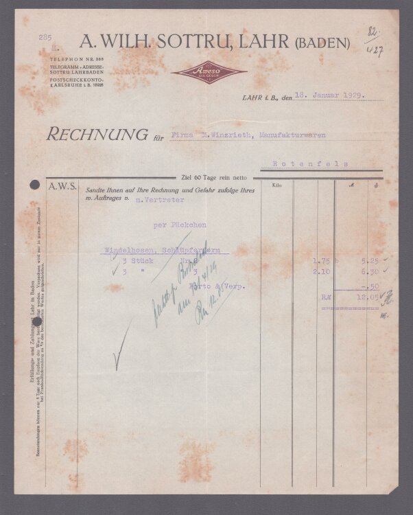 A Wilh Sottru - Rechnung - 18.01.1929