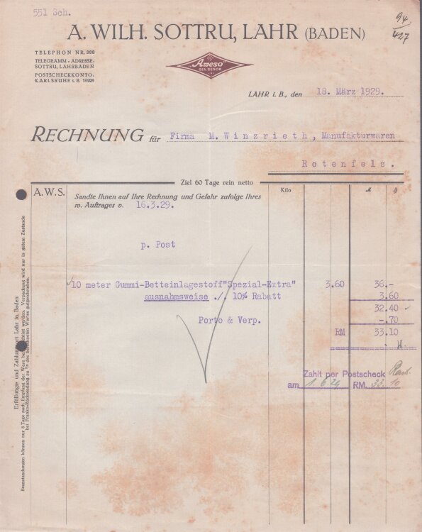 A Wilh Sottru - Rechnung - 18.03.1929