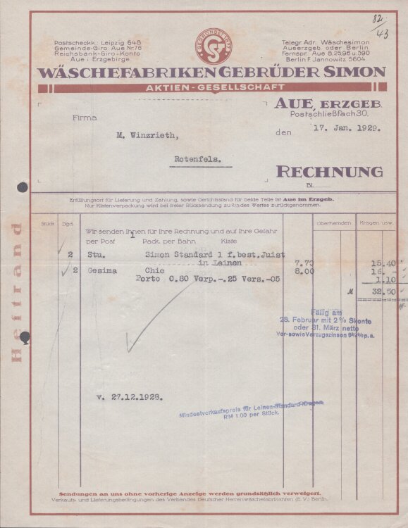 Waschefabriken Gebrüder Simon AG - Rechnung - 17.01.1929