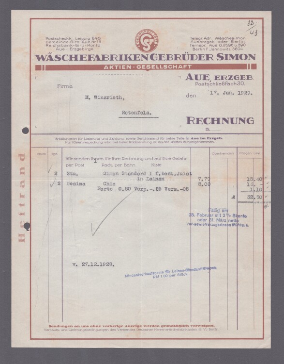Waschefabriken Gebrüder Simon AG - Rechnung - 17.01.1929