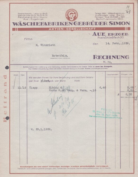 Waschefabriken Gebrüder Simon AG - Rechnung - 14.02.1929
