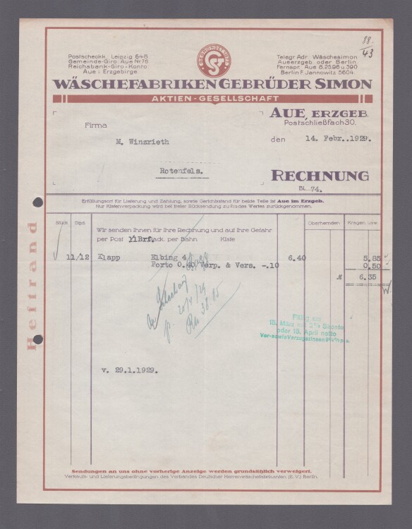 Waschefabriken Gebrüder Simon AG - Rechnung - 14.02.1929