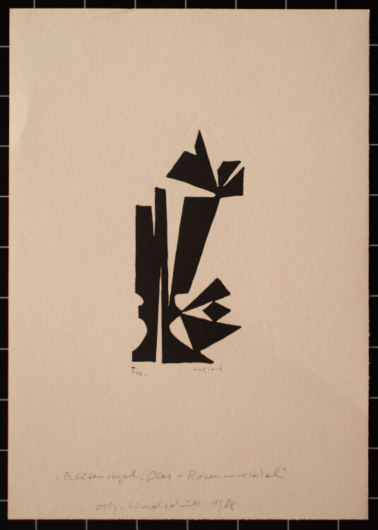 Horst Heinen - Blütenvogel, Glas + Rosenmüschel - 1988 - Linolschnitt