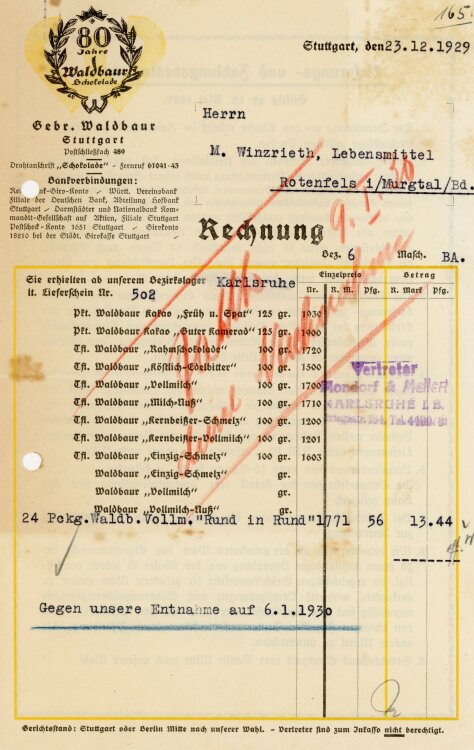 Gebr. Waldbaur Schokolade Stuttgart - Rechnung  - 23.12.1929