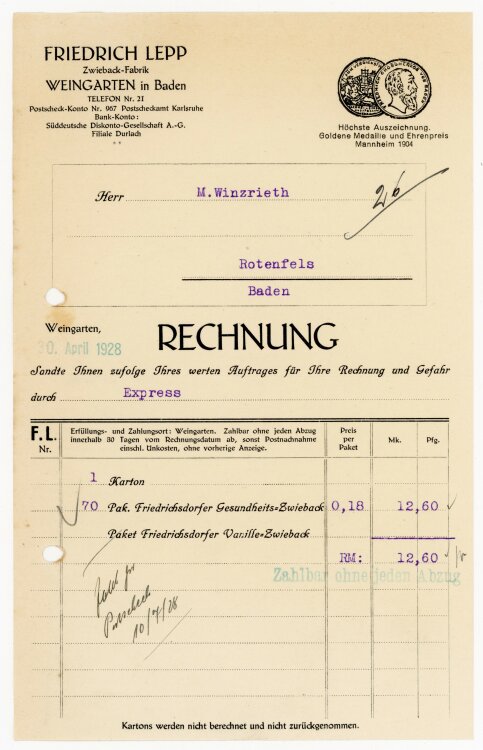 Friedrich Lepp Zwieback-Fabrik  - Rechnung  - 13.12.1927