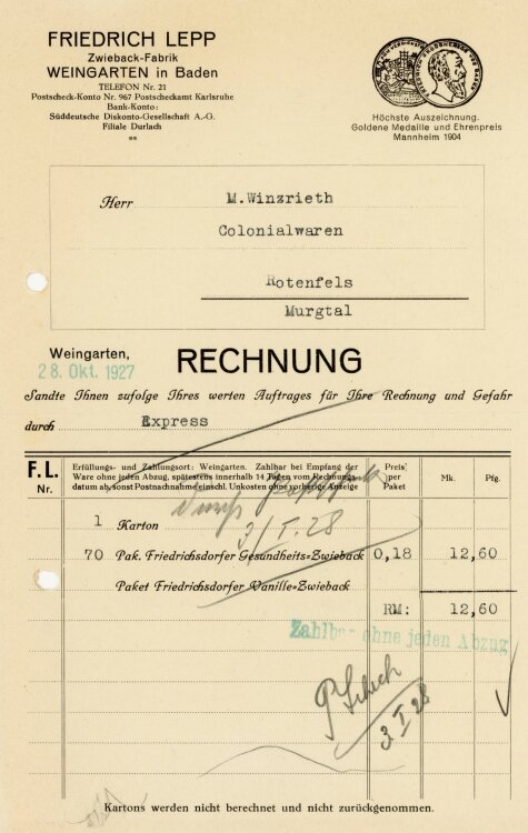 Friedrich Lepp Zwieback-Fabrik  - Rechnung - 28.10.1927