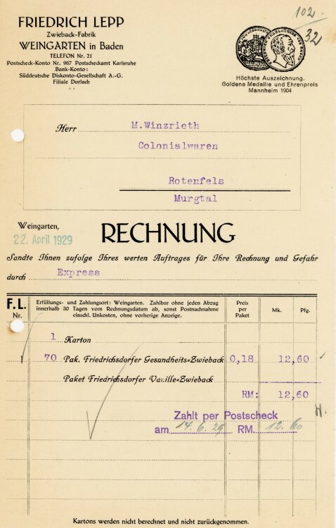 Friedrich Lepp Zwieback-Fabrik  - Rechnung  - 22.04.1929