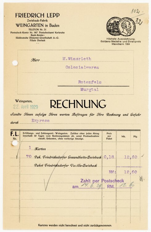 Friedrich Lepp Zwieback-Fabrik  - Rechnung  - 22.04.1929