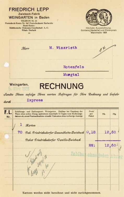 Friedrich Lepp Zwieback-Fabrik  - Rechnung  - 05.03.1928