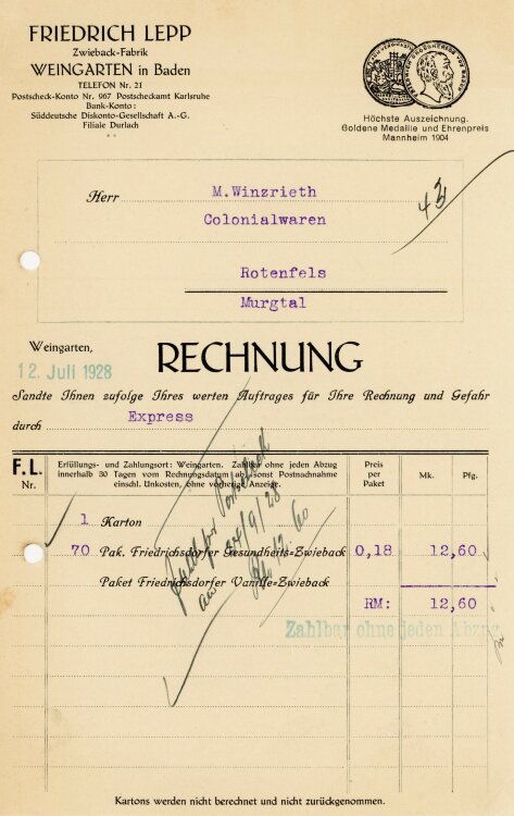 Friedrich Lepp Zwieback-Fabrik  - Rechnung  - 12.06.1928