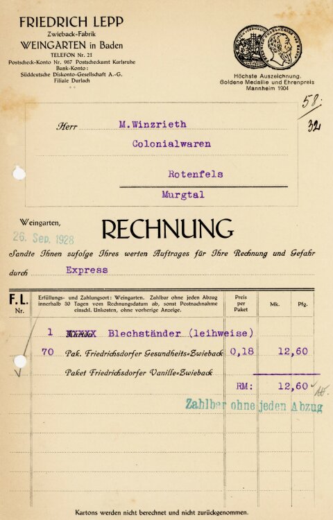 Friedrich Lepp Zwieback-Fabrik  - Rechnung  - 26.09.1928