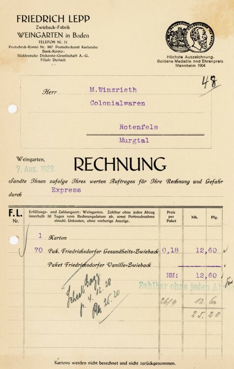 Friedrich Lepp Zwieback-Fabrik  - Rechnung  - 07.08.1928
