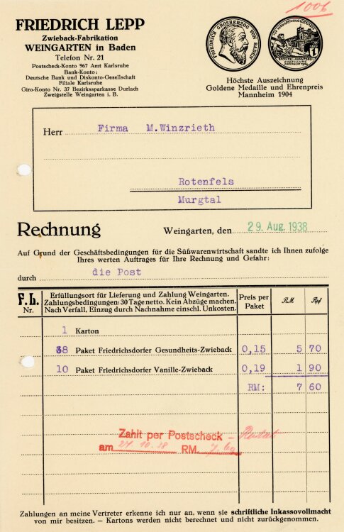 Friedrich Lepp Zwieback-Fabrik  - Rechnung  - 29.08.1938